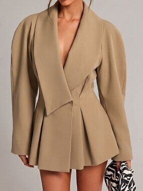 Khaki Casual Women's Long Sleeve Pleated Blazer